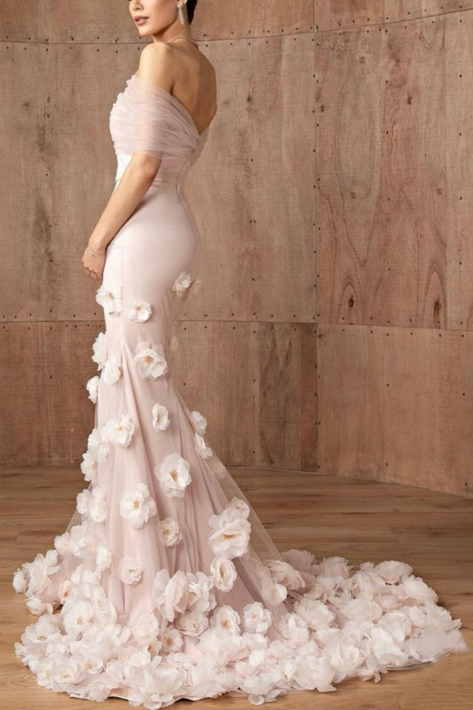amakanas-Pink Elegant Floral Long Tulle Mermaid Bodycon Ball Gown Wedding Dress gh5952