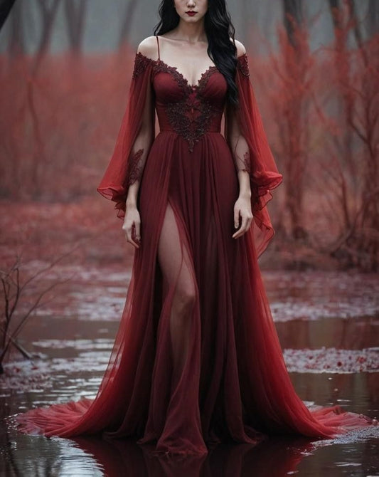 amakanas-Long Sleeves Long Tulle Floor-Length Train Retro Elegant Ball Gown Evening Dress gh5943