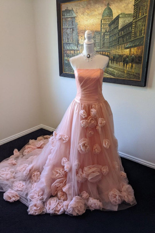 amakanas-Pink Elegant Floral Long Tulle Ball Gown Wedding Dress gh5951