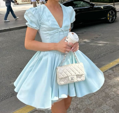 amakanas-Blue Sweet Fashion V-Neck Short Satin Homecoming Dress Birthday Party Dress gh5249