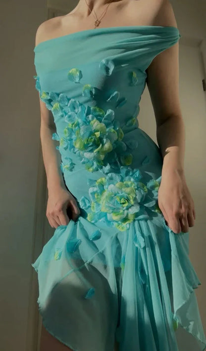 Blue Delicate Floral Off-the-shoulder Short Homecoming Dress Chiffon Party Dress Birthday Dress gh4771