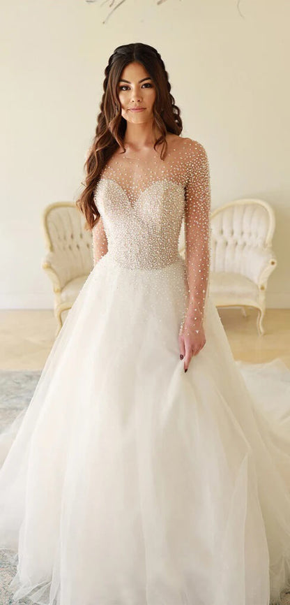 A-line Long Sleeves Beaded Vintage Wedding Dresses,Amazing Bridal Dress