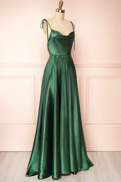 A-line Tie Shoulder Long Prom Dress,Satin Bridesmaid Dress,WB016