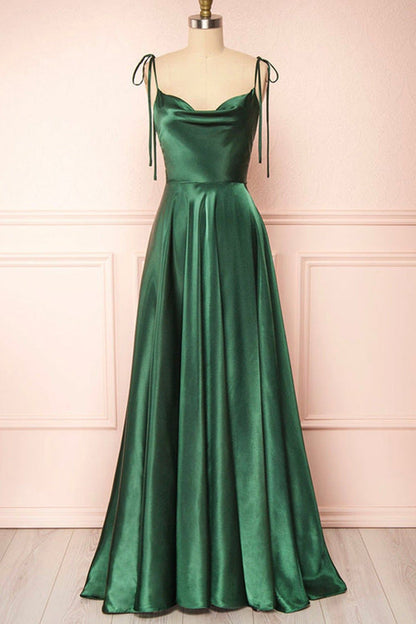 A-line Tie Shoulder Long Prom Dress,Satin Bridesmaid Dress,WB016