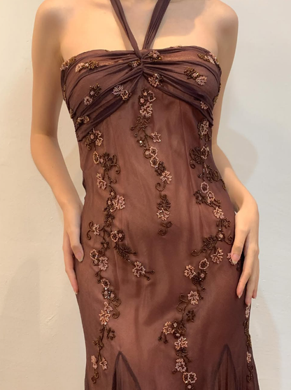 Vintage Sheath Halter Beaded Brown Chiffon Short Homecoming Dress Evening Dress SH2157