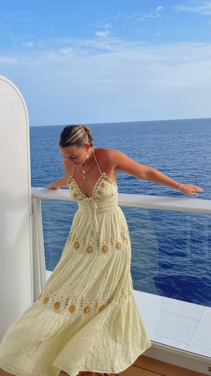 2025 New A Line Spaghetti Strap Embroidered Light Yellow Satin Prom Dress Outfits SH1023