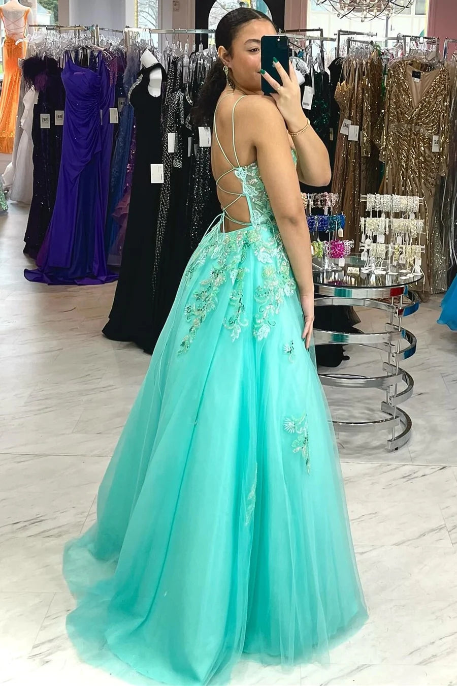 A Line Spaghetti Straps Turquoise Tulle Prom Dress Long Evening Dress Wp457