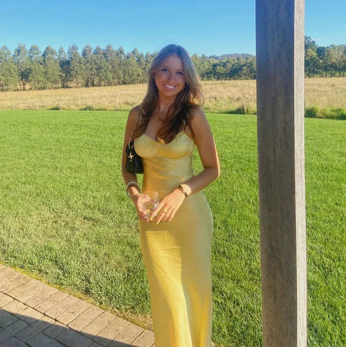 Yellow Simple Fashion Sexy Sweetheart Sleeveless Skinny Long Satin prom dress Evening Gown Wedding Guest Party Dress gh2914