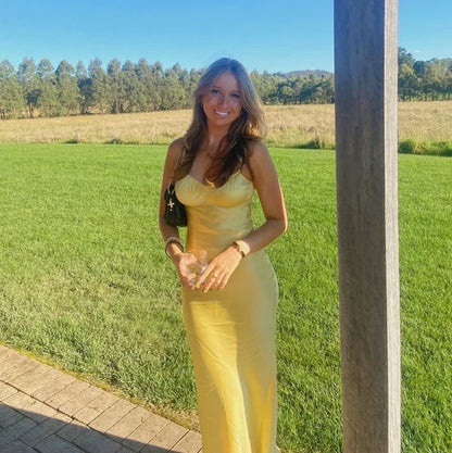 Yellow Simple Fashion Sexy Sweetheart Sleeveless Skinny Long Satin prom dress Evening Gown Wedding Guest Party Dress gh2914