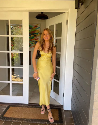 Yellow Simple Fashion Sexy Sweetheart Sleeveless Skinny Long Satin prom dress Evening Gown Wedding Guest Party Dress gh2914