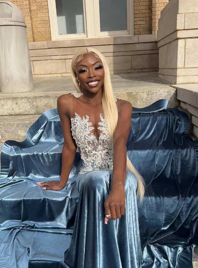 Blue Velvet Appliques Bead Meemaid Long Prom Dress Formal Evening Dress SH975