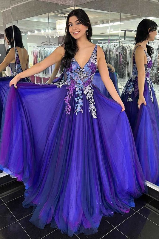 Ombre purple Tulle Appliques A Line Prom Dress Long Evening Dress SH990