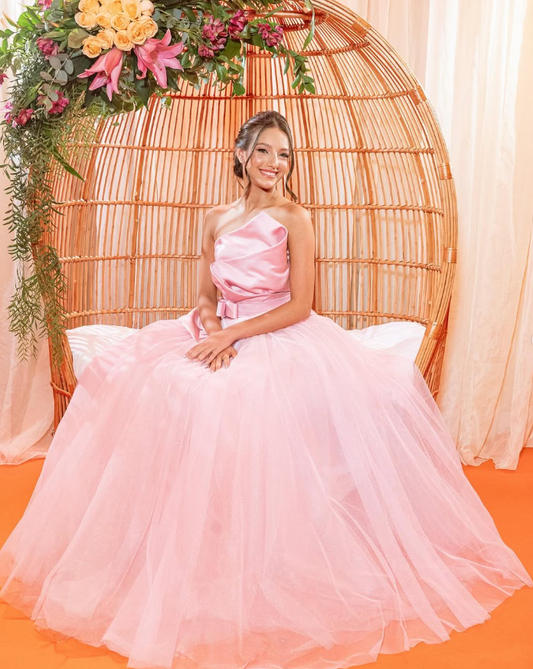 Elegant A Line Strapless Pink Tulle Satin Prom Dress Birthday Dress SH2508