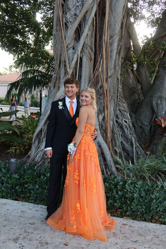 Strapless Tulle Appliques Long Evening Dress Orange Prom Dress SH965