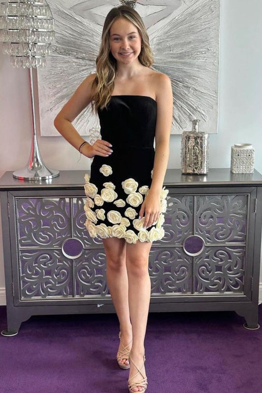 Black Strapless Bodycon Homecoming Dress with 3D Floral Appliqués and Short Hem