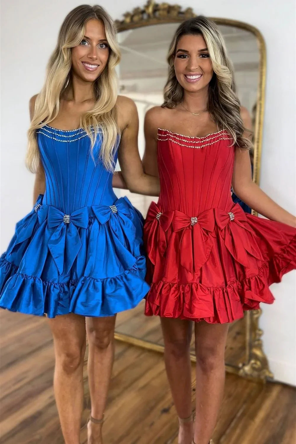 Pretty A-Line Strapless Short Satin Homecoming Dress with Bowknots