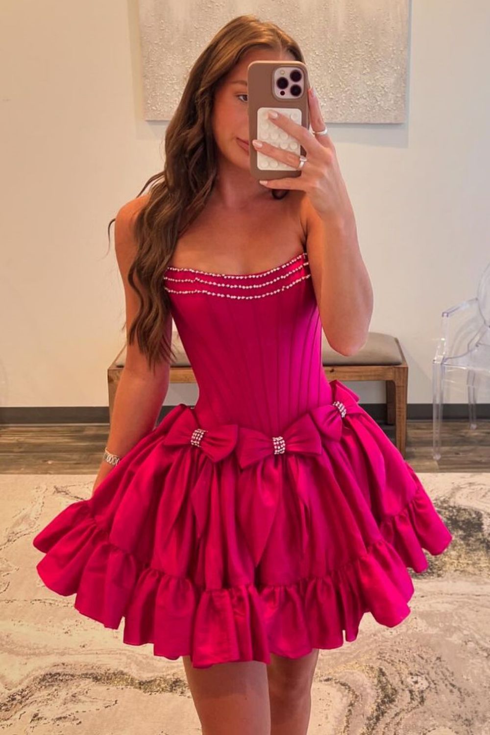 Pink A-Line Strapless Short Satin Homecoming Dress with Bowknot Detail