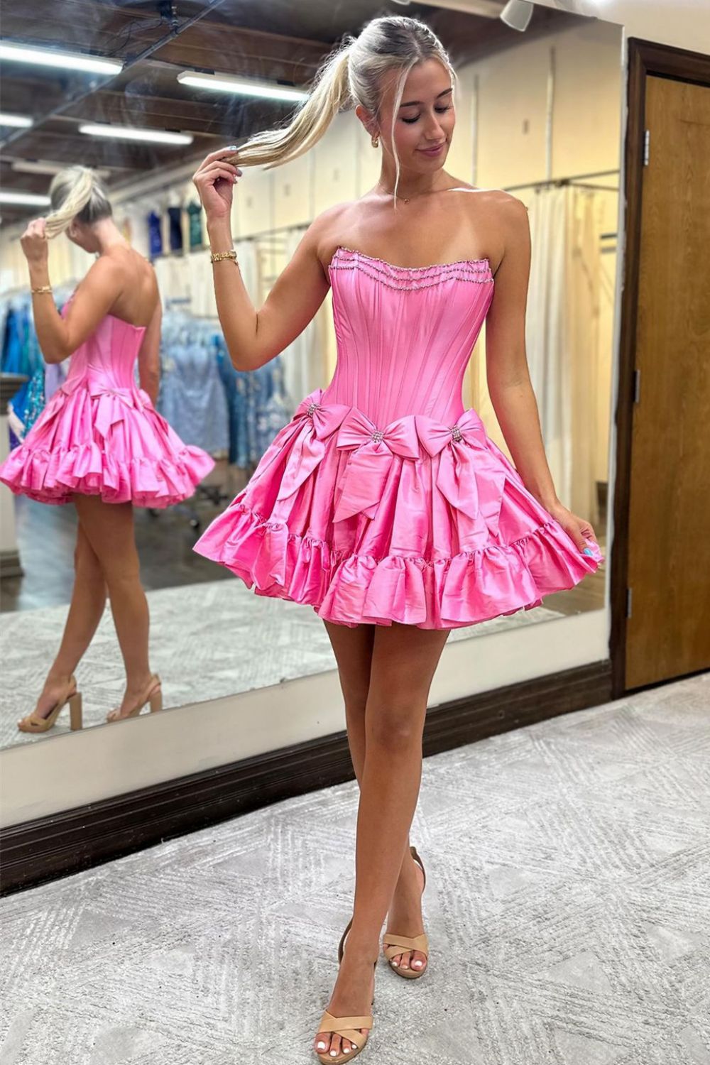 Pink A-Line Strapless Short Satin Homecoming Dress with Bowknot Detail