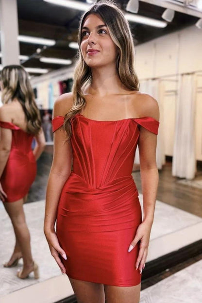 Off-the-Shoulder Satin Bodycon Homecoming Dress with Pleated Detail