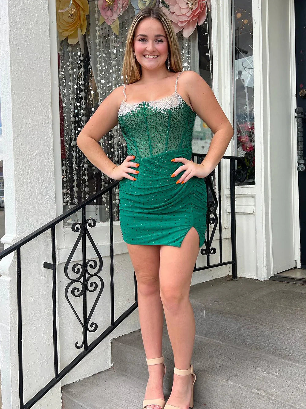 Royal Blue Bodycon Homecoming Dress with Spaghetti Straps Beaded Accents and Side Slit