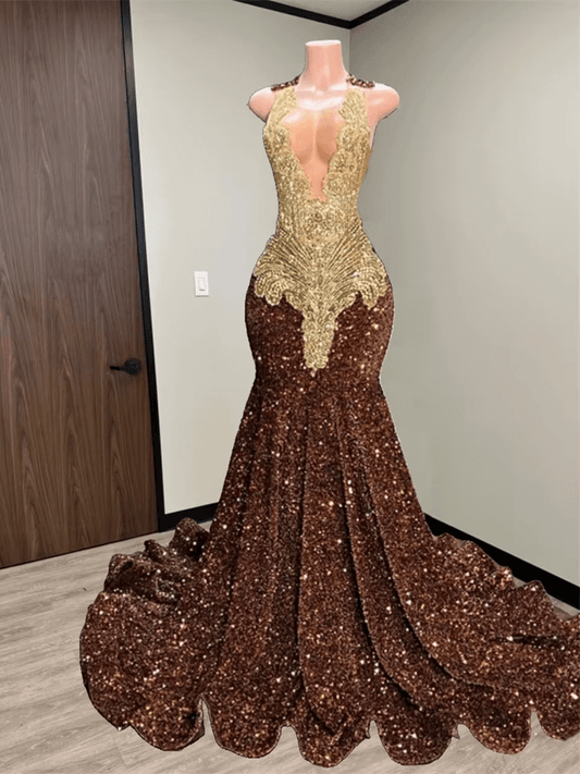 Sparkly Brown Sequin Prom Dress with Gold Crystal Long Birthday Dresses
