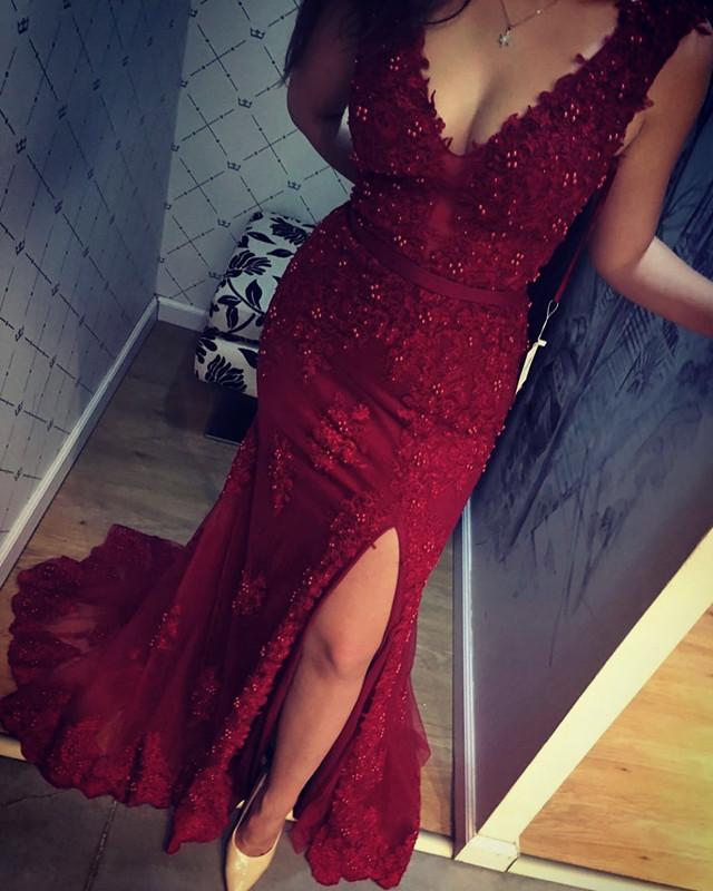 Elegant V Neck Lace Mermaid Prom Dresses With Slit