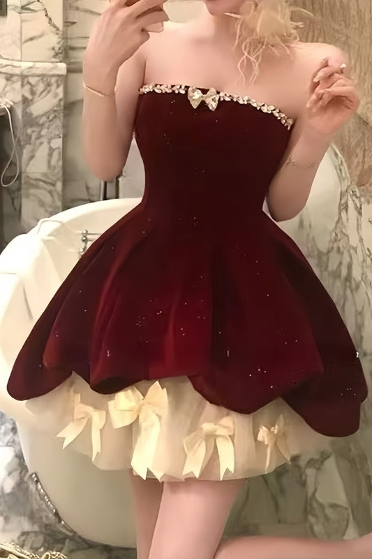 Burgundy Velvet Homecoming Dresses Beaded Sleeveless Dance Dress,AST1859
