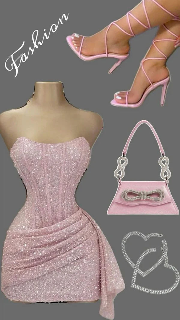 Chic Shiny Pink Sequin Homecoming Dress Strapless Party Dress Short Sheath Cocktail Dress TP4666