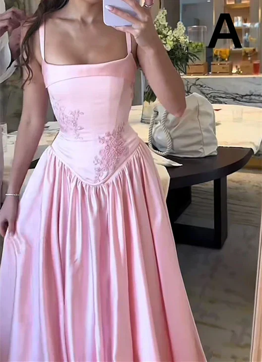 Beautiful Pink Spaghetti Strap Sweetheart A-Line Satin Party Dress Bridesmaid Dress TP4291