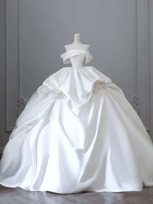 Elegant White Satin Off-the-shoulder Ruffle Ball Gown Design A-Line Wedding Dress TP4104