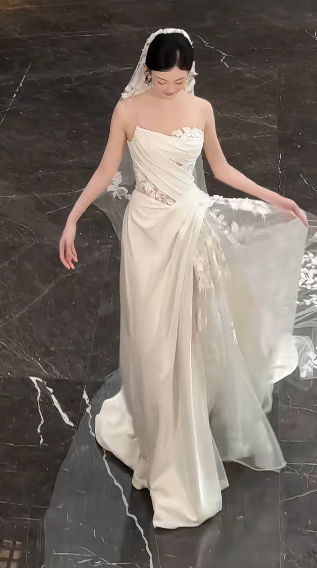 Chic A Line One Shoulder Satin With White Tulle Applique Long Prom Dress,Wedding Dress,Evening Dress GG1135