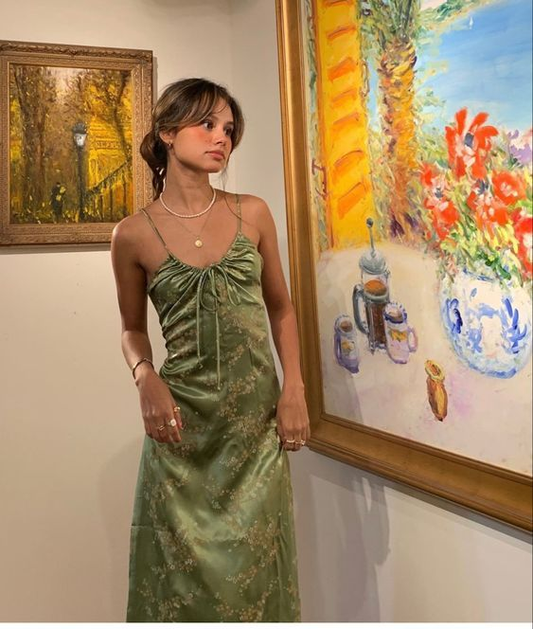 Green Vintage Printed Satin Party Dress Midi Length Formal Prom Dress  SH1246