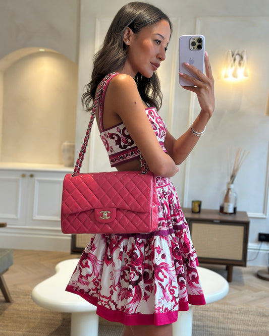 *HOT & FIRE PRICE* Chanel Glossy Raspberry Pink Jumbo Classic Double Flap Bag in Patent Leather with Silver Hardware RRP £9,540