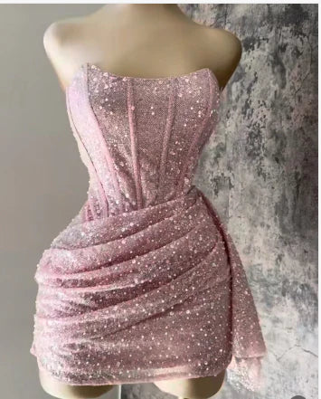 Chic Shiny Pink Sequin Homecoming Dress Strapless Party Dress Short Sheath Cocktail Dress TP4666
