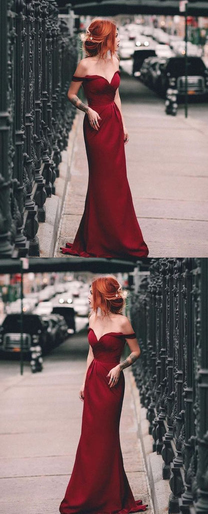 Charming Mermaid Off the Shoulder Burgundy Long Prom Dresses