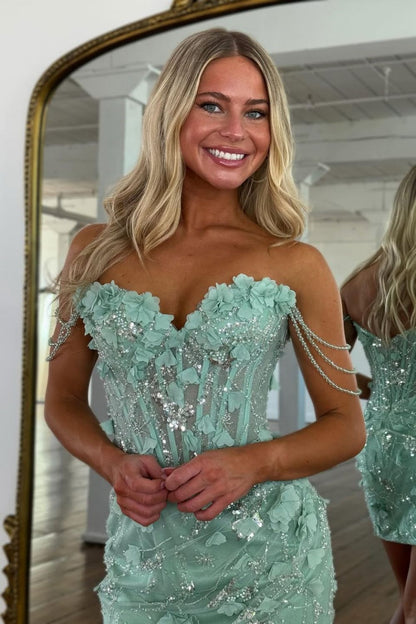Chic Light Green Glitter Beaded Off The Shoulder Short Tight Homecoming Dress