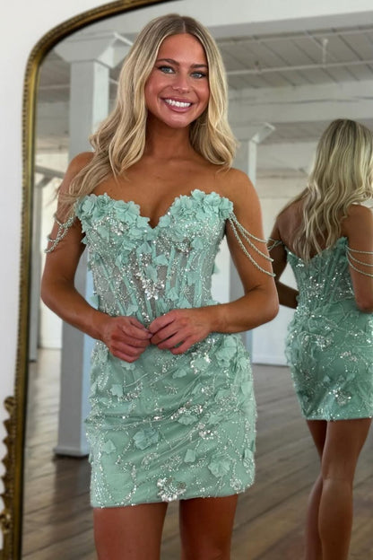 Chic Light Green Glitter Beaded Off The Shoulder Short Tight Homecoming Dress