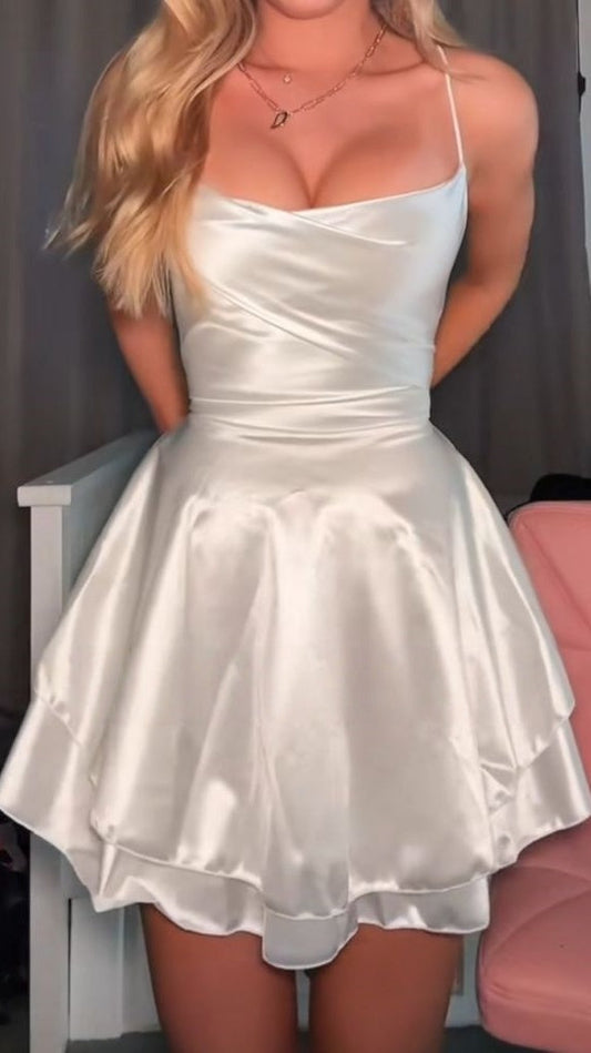 Custom Made White Fluffy Homecoming Dresses A-line Summer Party Dress Tie Back Mini Dress,AST1817