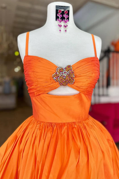 Cute A-Line Spaghetti Straps Short Satin Homecoming Dress with Beading