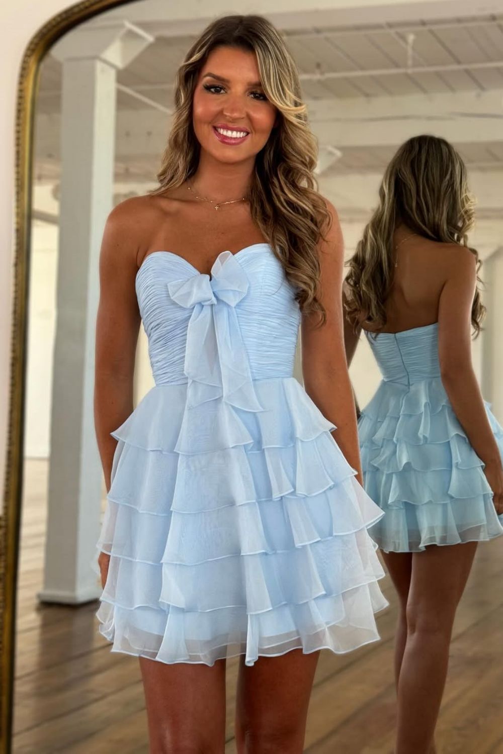 Cute A-Line Sweetheart Short Tiered Chiffon Homecoming Dress with Bowknot