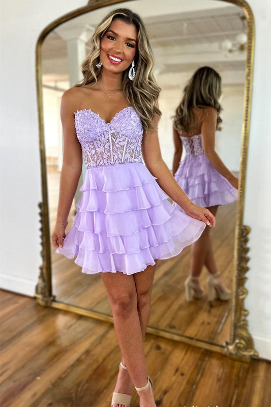 Cute Lilac A-Line Silhouette with Sweetheart Neck and Tiered Lace Top Homecoming Dress