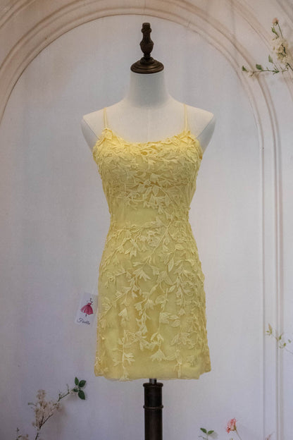 Cute Yellow Spaghetti Straps Short Tight Lace Homecoming Dress