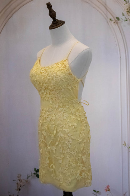 Cute Yellow Spaghetti Straps Short Tight Lace Homecoming Dress