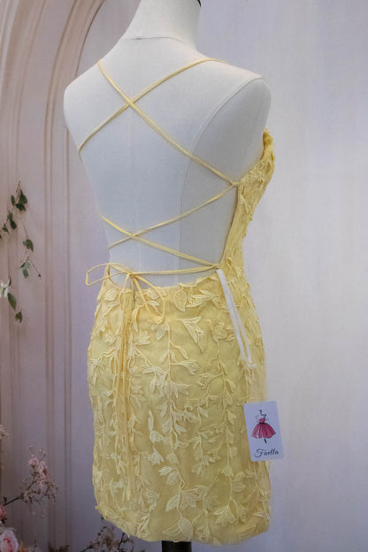 Cute Yellow Spaghetti Straps Short Tight Lace Homecoming Dress