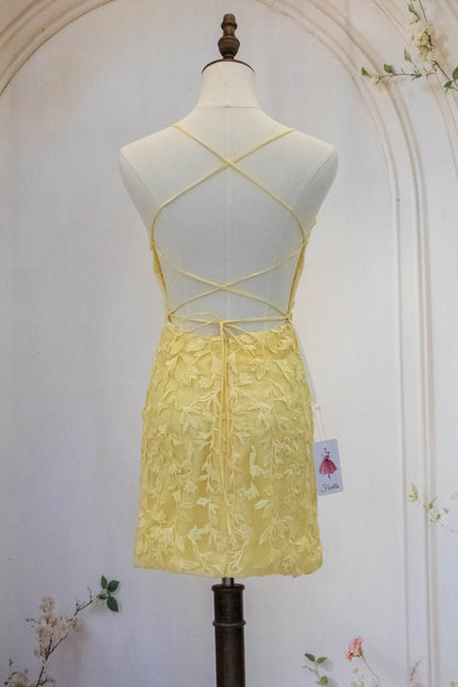 Cute Yellow Spaghetti Straps Short Tight Lace Homecoming Dress