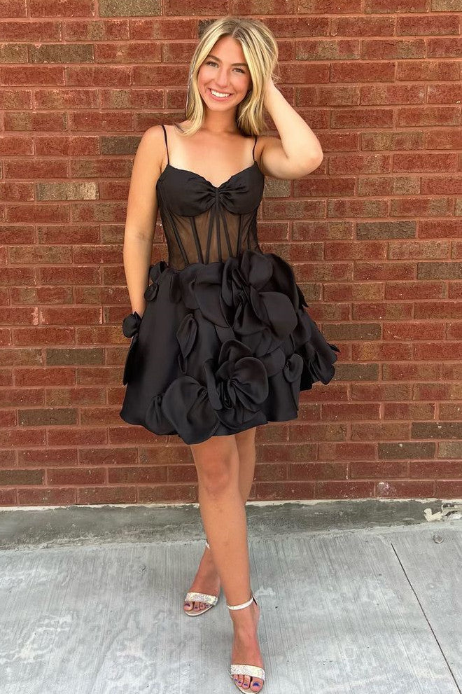 Cute A-Line Spaghetti Strap Short Satin Homecoming Dress with Floral Embellishments