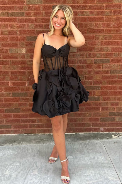 Cute A-Line Spaghetti Strap Short Satin Homecoming Dress with Floral Embellishments