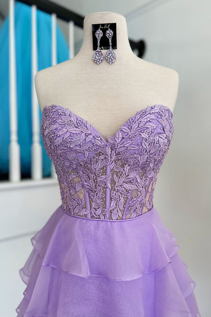 Cute Lilac A-Line Silhouette with Sweetheart Neck and Tiered Lace Top Homecoming Dress