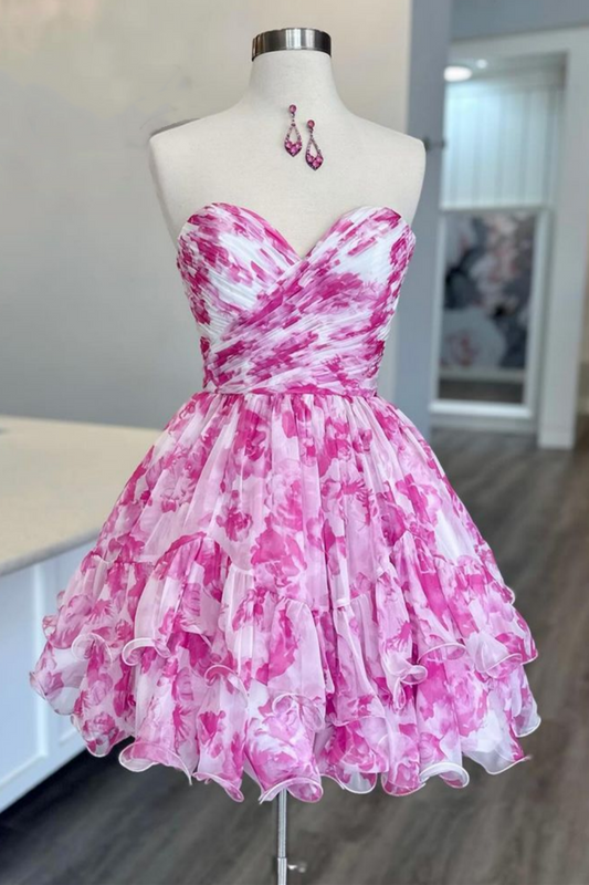 Playful Pink A-Line Sweetheart Short Dress with Printed Chiffon Layers Homecoming Dress