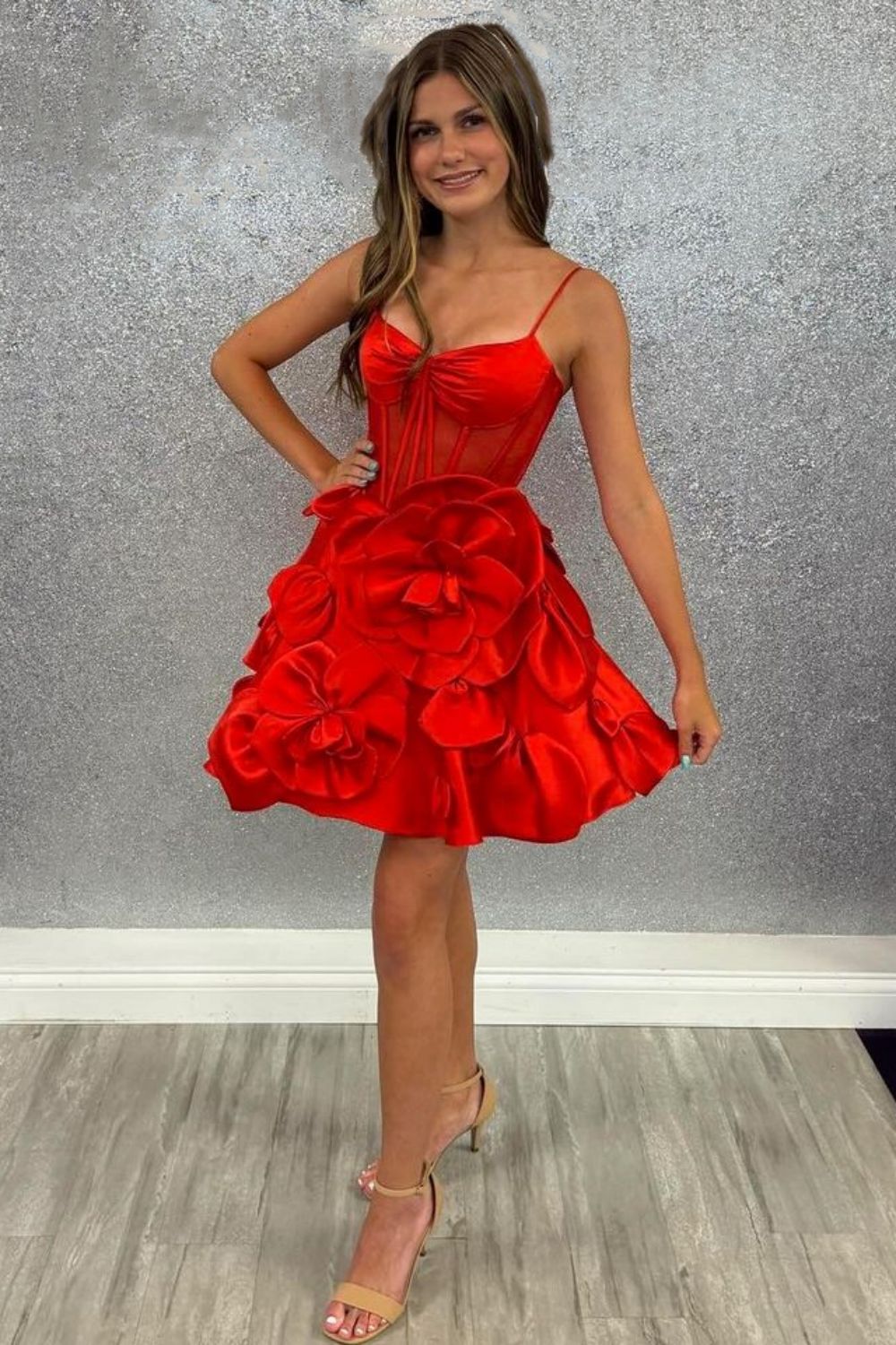 Cute A-Line Spaghetti Strap Short Satin Homecoming Dress with Floral Embellishments